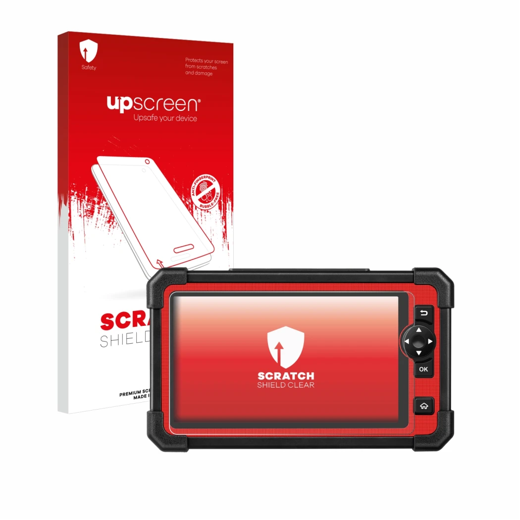 Parte frontal de un envase de producto con el logotipo de la marca upscreen. Al lado se muestra el dispositivo Launch X-431 CR