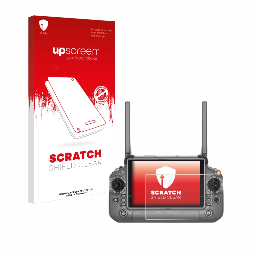 Parte frontal de un envase de producto con el logotipo de la marca upscreen. Al lado se muestra el dispositivo DJI RC Plus con