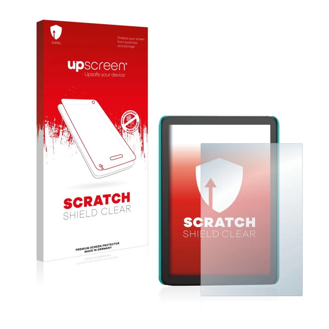 Parte frontal de un envase de producto con el logotipo de la marca upscreen. Al lado se muestra el dispositivo Amazon Kindle K