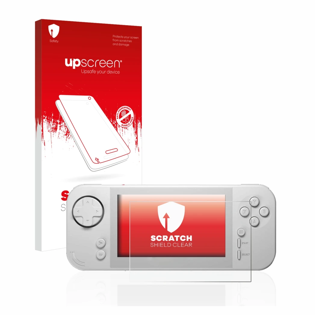Parte frontal de un envase de producto con el logotipo de la marca upscreen. Al lado se muestra el dispositivo Evercade EXP co