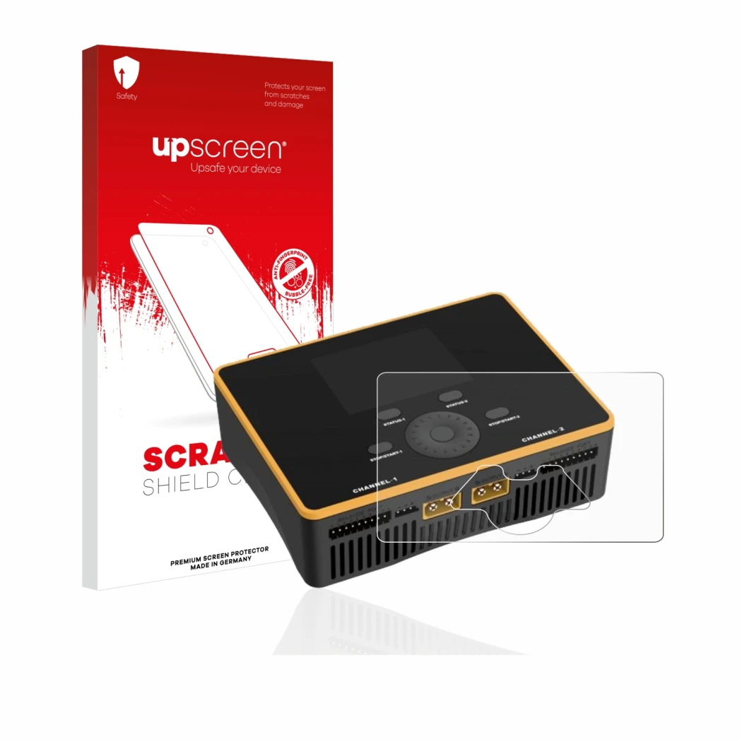 Parte frontal de un envase de producto con el logotipo de la marca upscreen. Al lado se muestra el dispositivo Junsi iCharger