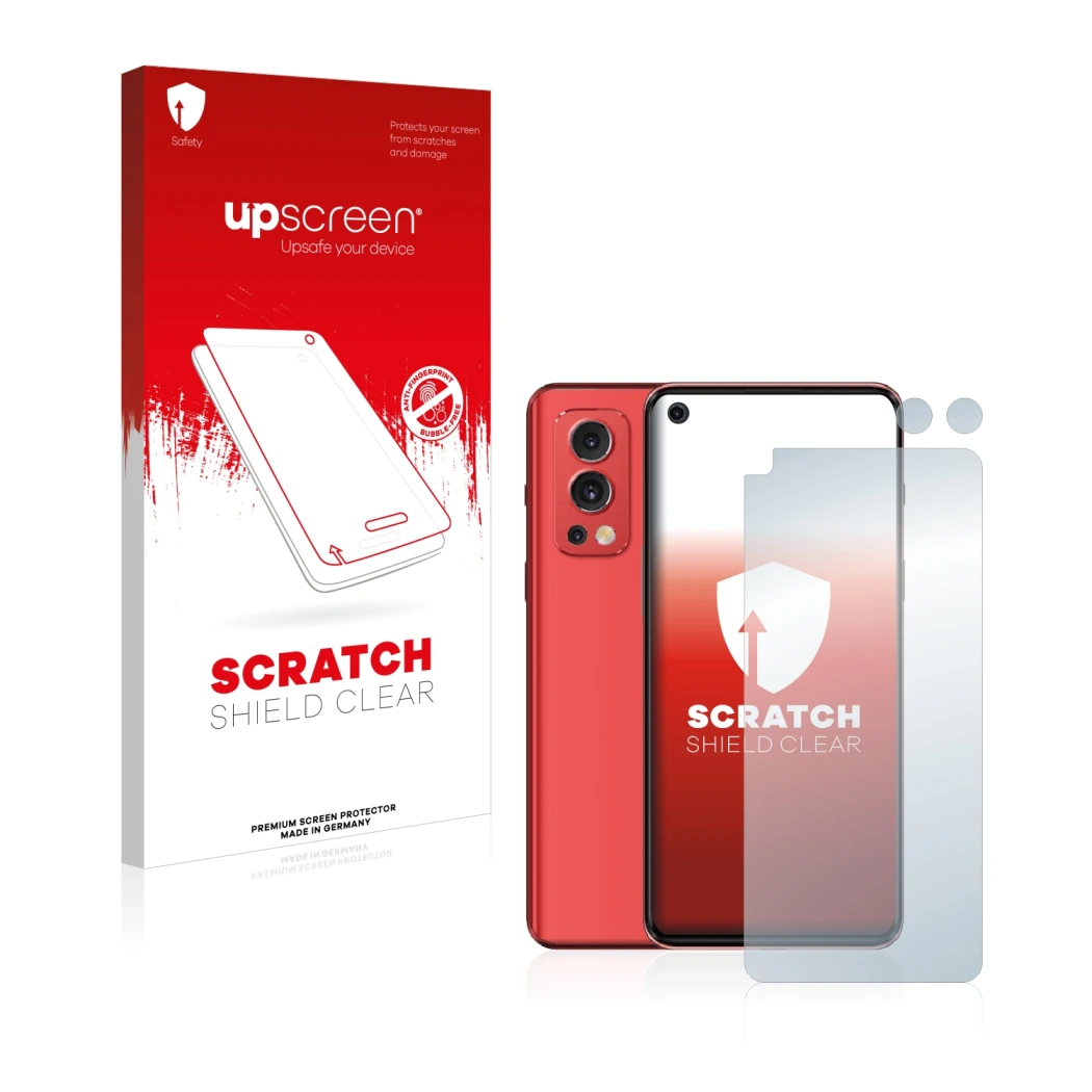 Parte frontal de un envase de producto con el logotipo de la marca upscreen. Al lado se muestra el dispositivo OnePlus Nord 2 