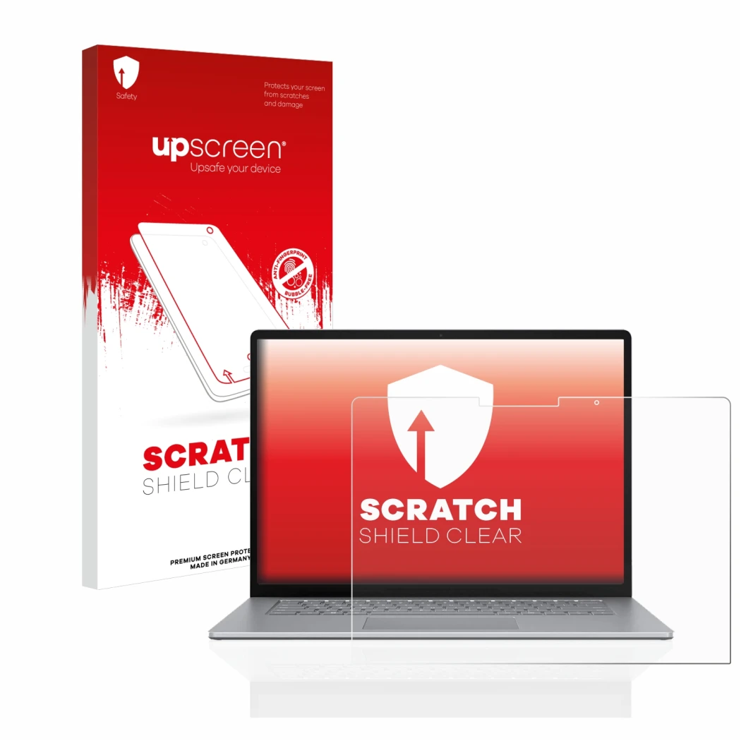 Parte frontal de un envase de producto con el logotipo de la marca upscreen. Al lado se muestra el dispositivo Microsoft Surfa