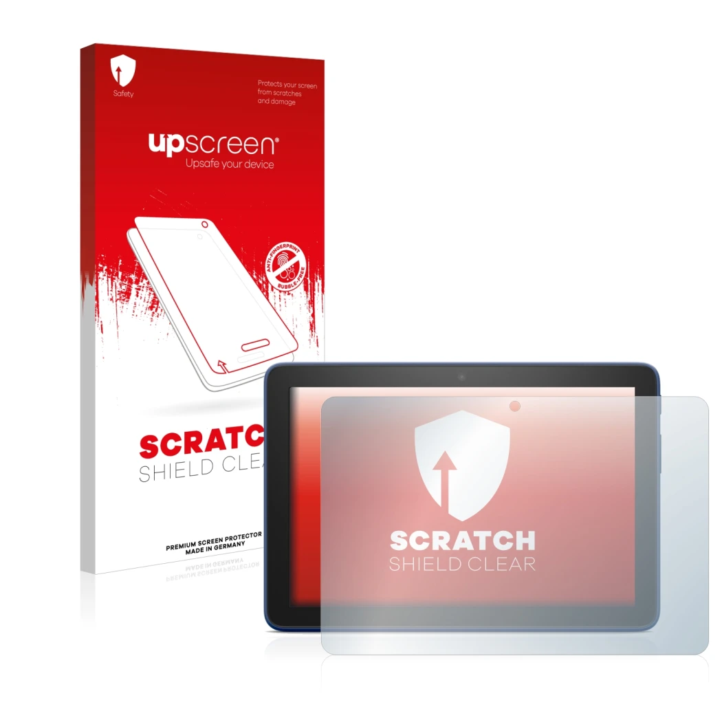 Parte frontal de un envase de producto con el logotipo de la marca upscreen. Al lado se muestra el dispositivo Amazon Fire HD