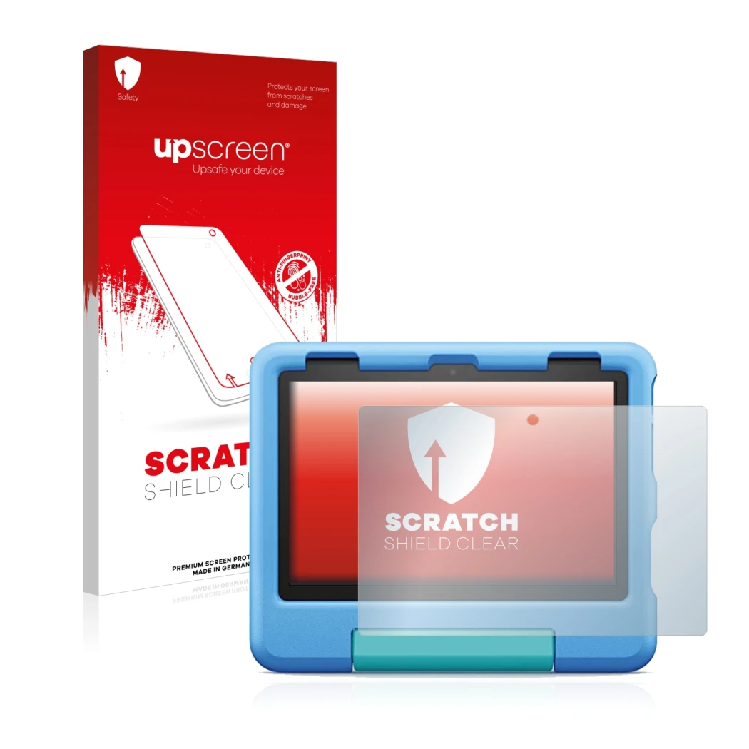 Parte frontal de un envase de producto con el logotipo de la marca upscreen. Al lado se muestra el dispositivo Amazon Fire HD