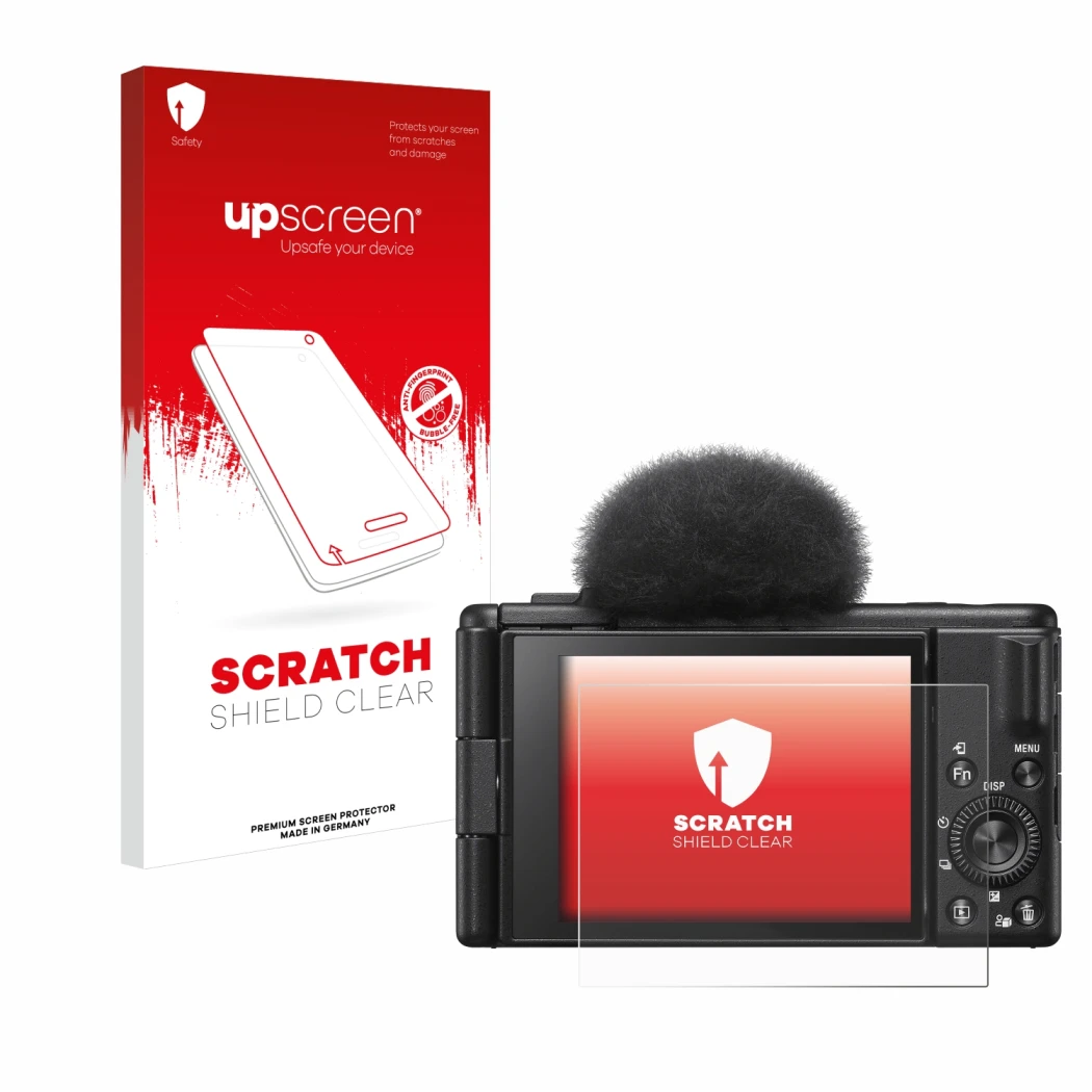 Parte frontal de un envase de producto con el logotipo de la marca upscreen. Al lado se muestra el dispositivo Sony ZV-1F con