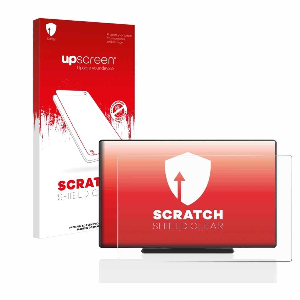 Parte frontal de un envase de producto con el logotipo de la marca upscreen. Al lado se muestra el dispositivo Carpuride W901