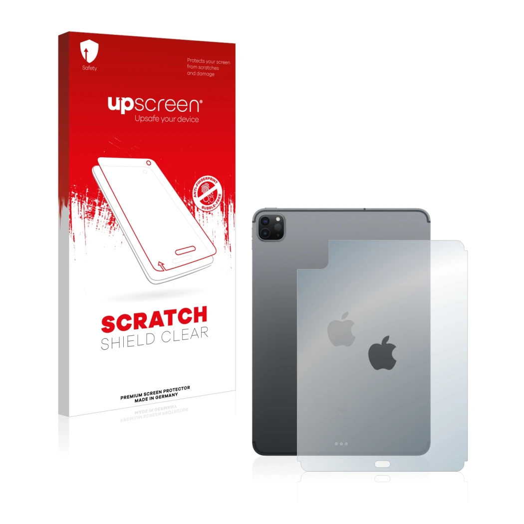 Parte frontal de un envase de producto con el logotipo de la marca upscreen. Al lado se muestra el dispositivo Apple iPad Pro 
