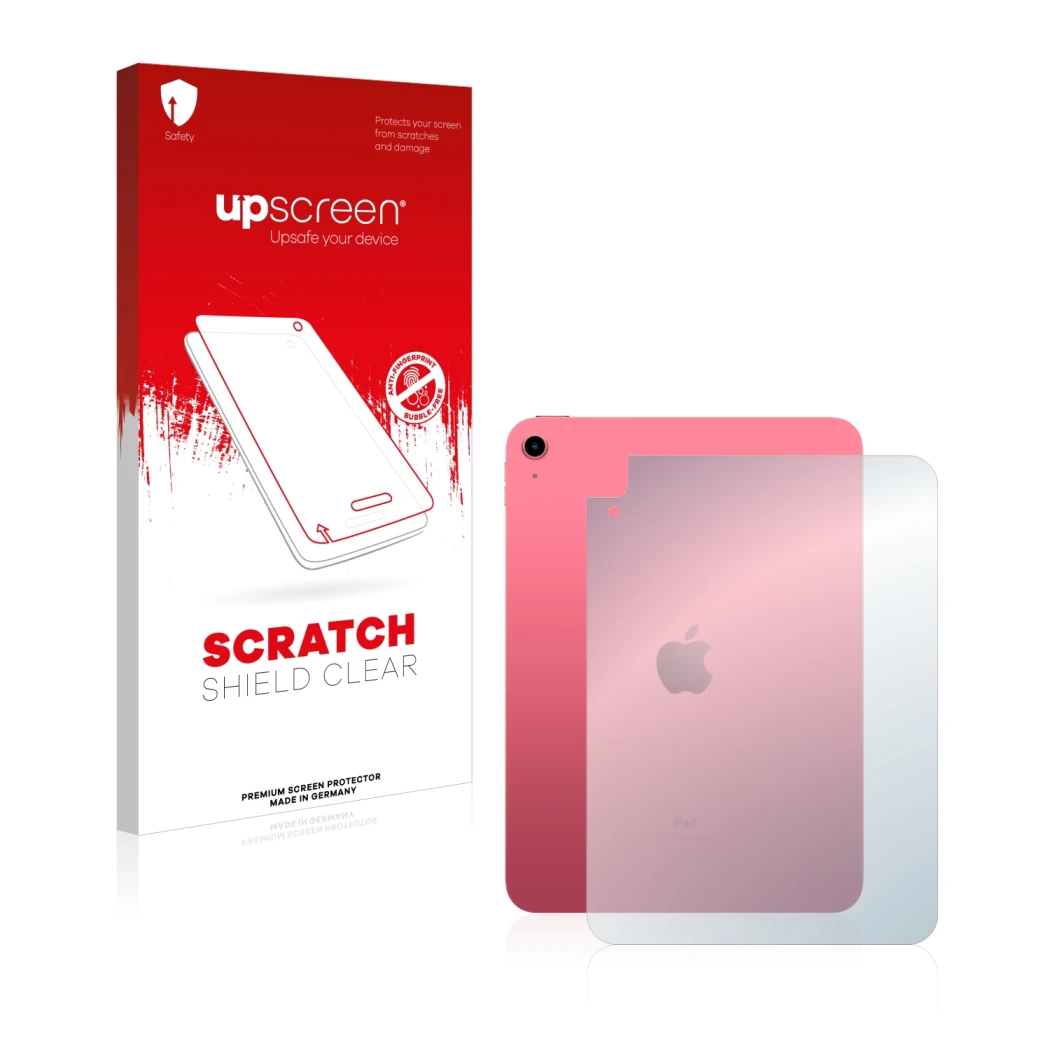Parte frontal de un envase de producto con el logotipo de la marca upscreen. Al lado se muestra el dispositivo Apple iPad 10.9