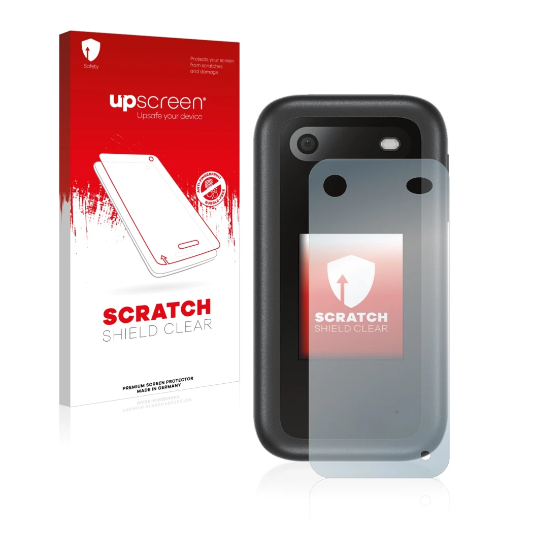 Parte frontal de un envase de producto con el logotipo de la marca upscreen. Al lado se muestra el dispositivo Nokia 2660 Flip