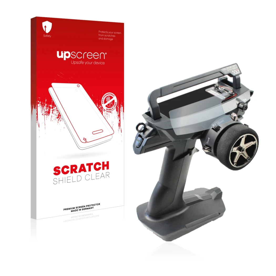 Parte frontal de un envase de producto con el logotipo de la marca upscreen. Al lado se muestra el dispositivo Sanwa MT 44 / M