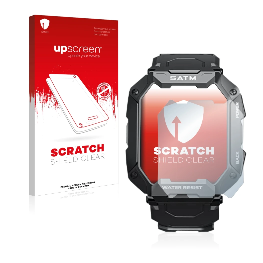 Parte frontal de un envase de producto con el logotipo de la marca upscreen. Al lado se muestra el dispositivo Bengux C20 con