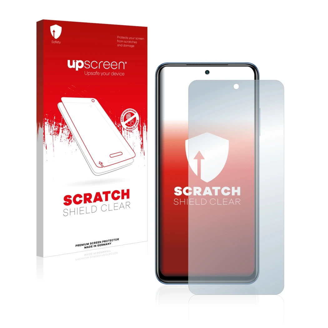 Parte frontal de un envase de producto con el logotipo de la marca upscreen. Al lado se muestra el dispositivo Xiaomi Poco M5s