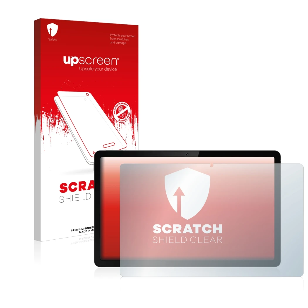 Parte frontal de un envase de producto con el logotipo de la marca upscreen. Al lado se muestra el dispositivo realme Pad 10.4