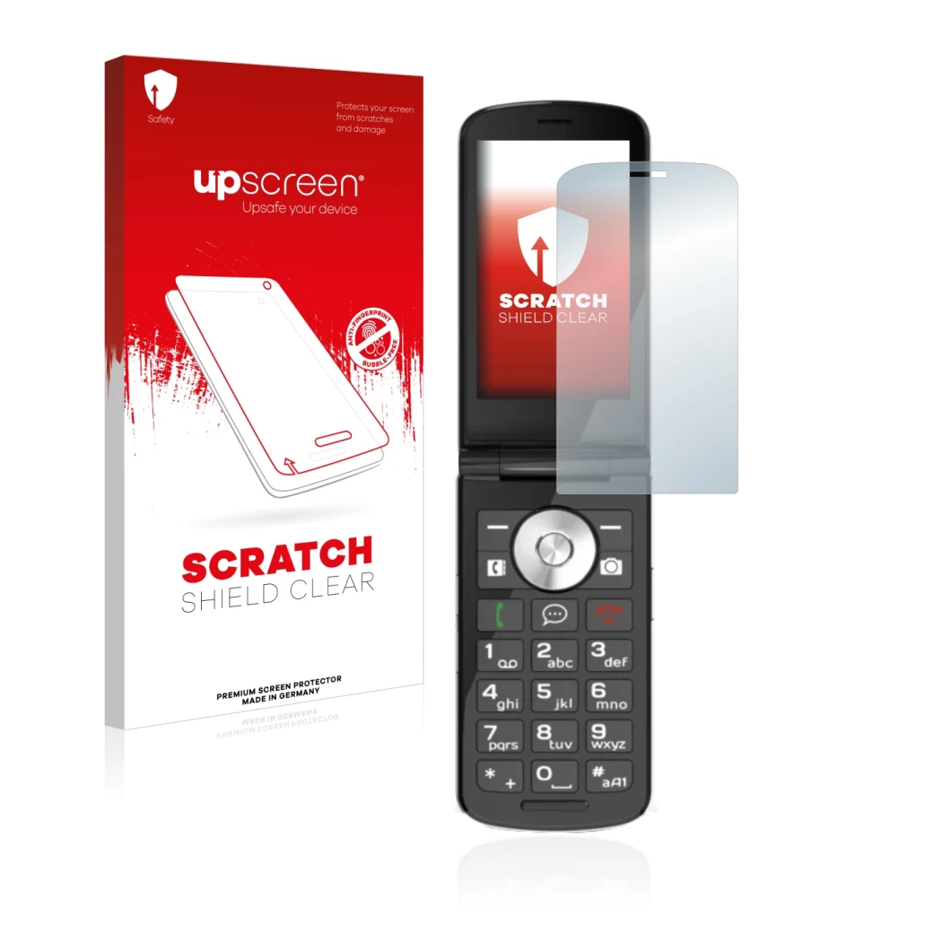 Parte frontal de un envase de producto con el logotipo de la marca upscreen. Al lado se muestra el dispositivo Emporia TOUCHsm