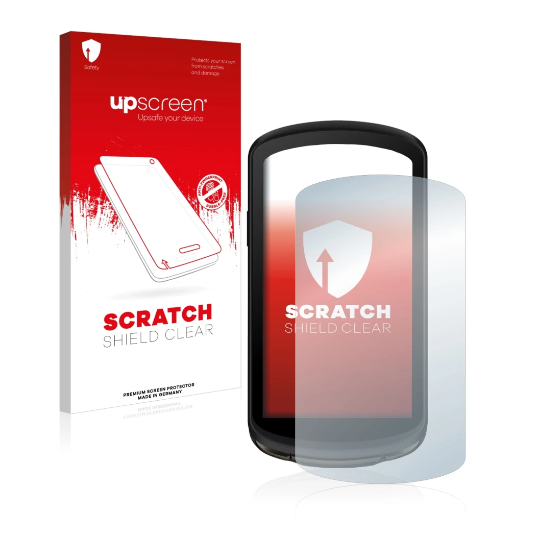 Parte frontal de un envase de producto con el logotipo de la marca upscreen. Al lado se muestra el dispositivo Garmin Edge 104