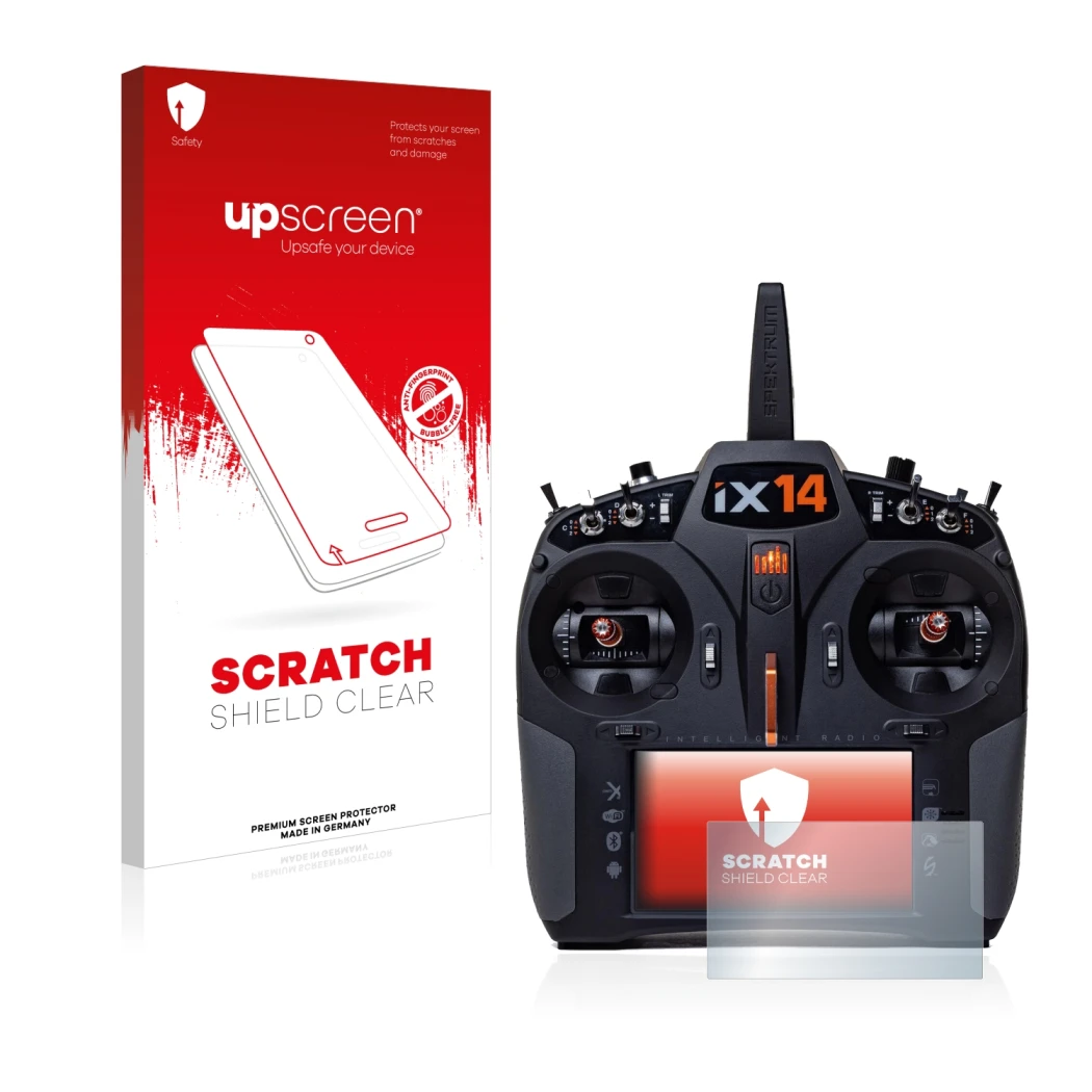 Parte frontal de un envase de producto con el logotipo de la marca upscreen. Al lado se muestra el dispositivo Spektrum iX14 c