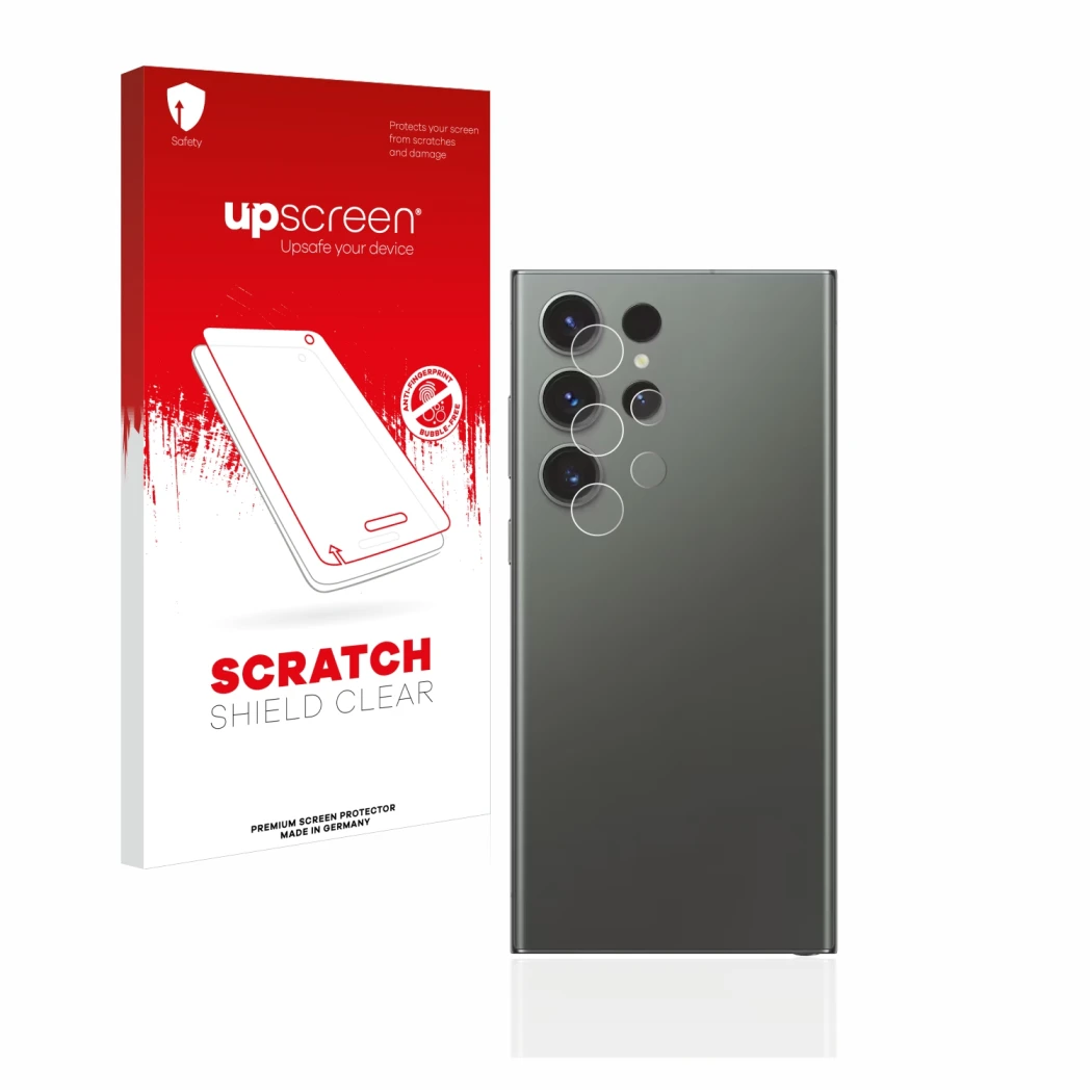 Parte frontal de un envase de producto con el logotipo de la marca upscreen. Al lado se muestra el dispositivo Samsung Galaxy