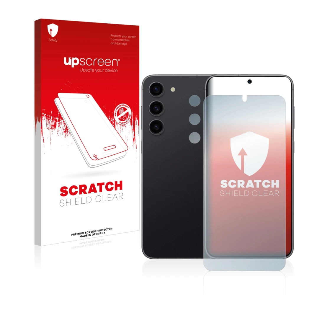 Parte frontal de un envase de producto con el logotipo de la marca upscreen. Al lado se muestra el dispositivo Samsung Galaxy