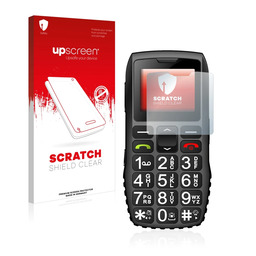 Parte frontal de un envase de producto con el logotipo de la marca upscreen. Al lado se muestra el dispositivo artfone C1 + co