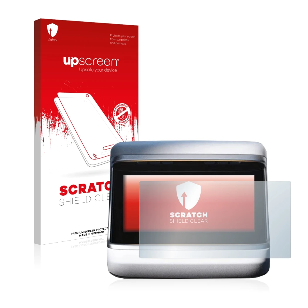 Parte frontal de un envase de producto con el logotipo de la marca upscreen. Al lado se muestra el dispositivo Tesla Model S P