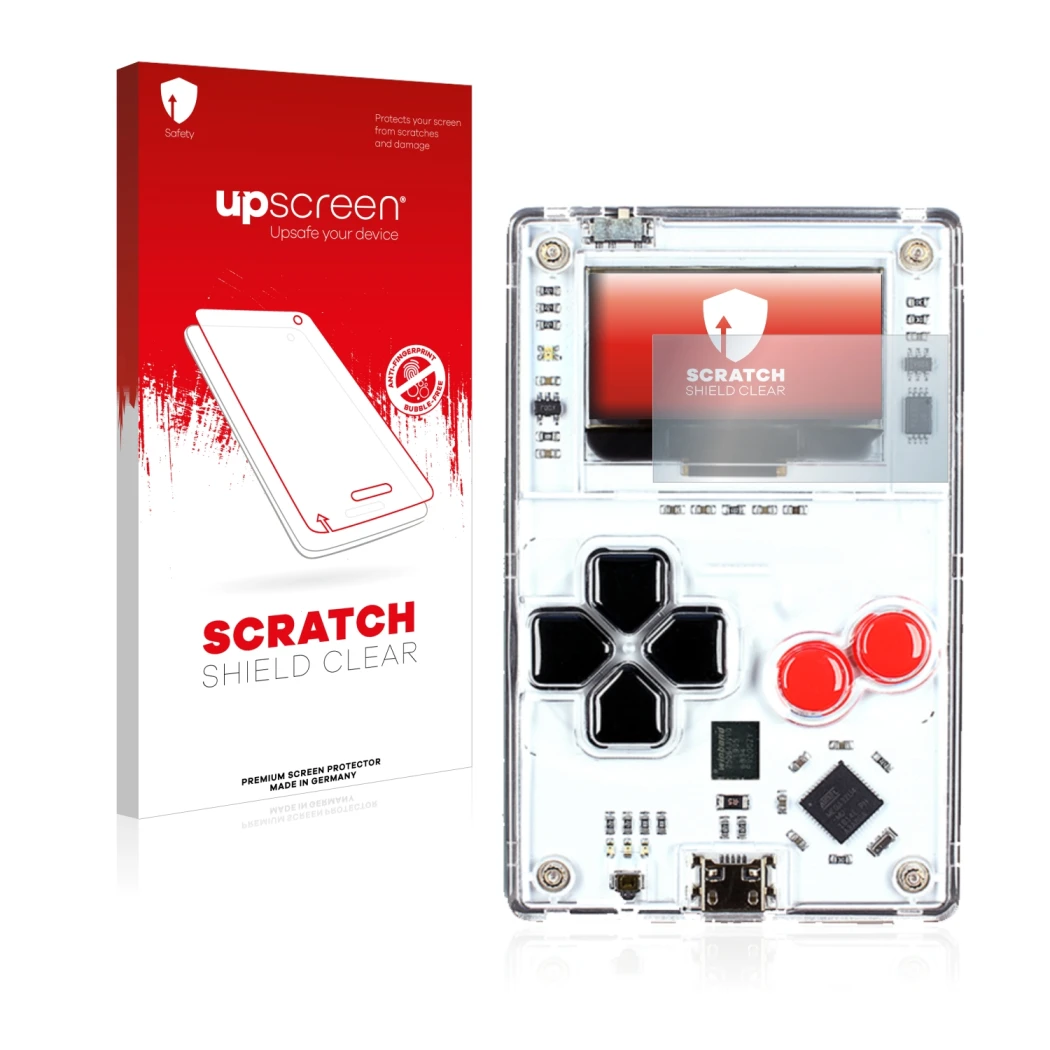 Parte frontal de un envase de producto con el logotipo de la marca upscreen. Al lado se muestra el dispositivo Arduboy FX con 