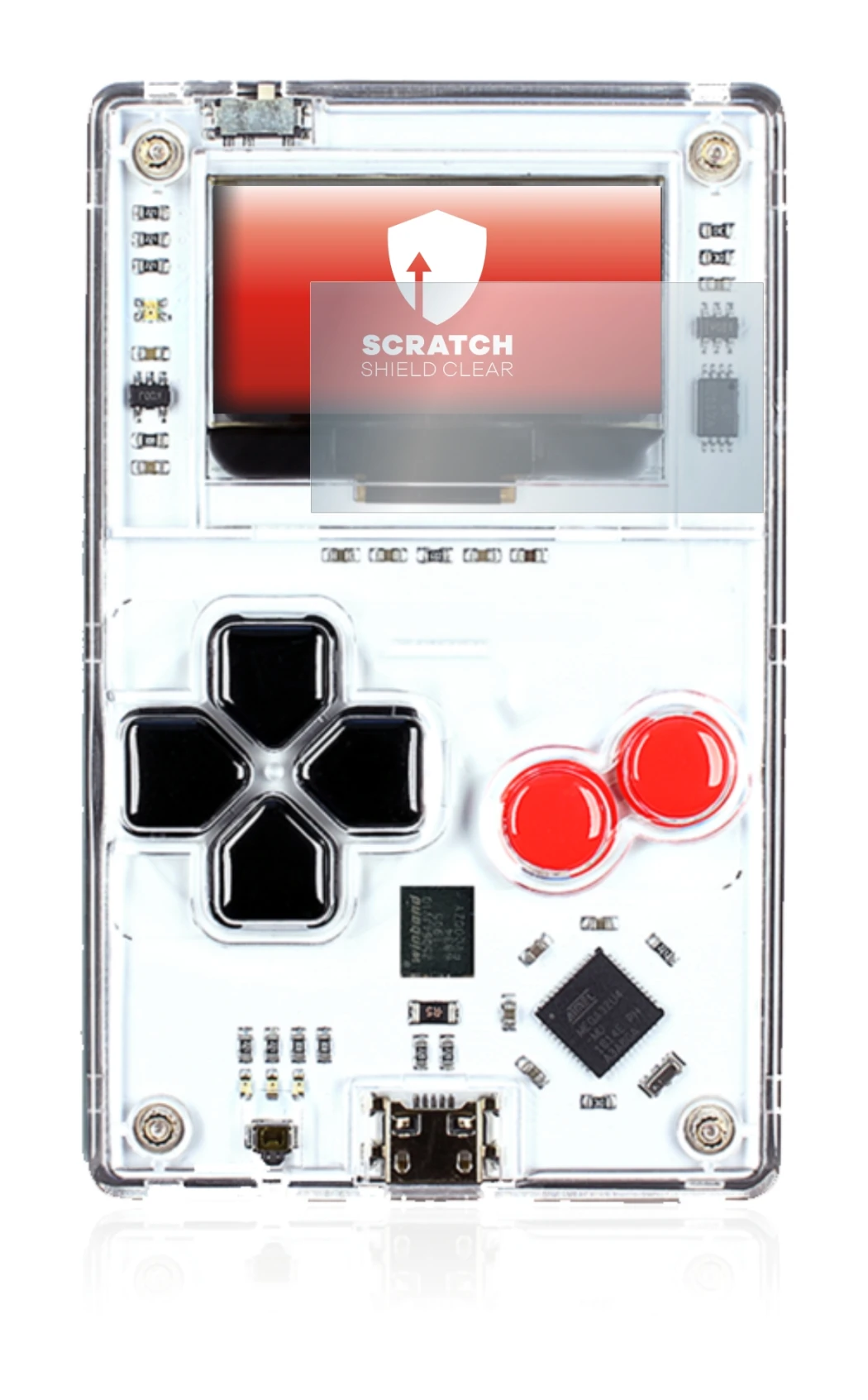 Imagen del dispositivo Arduboy FX con una amplia variedad de protectores de pantalla.