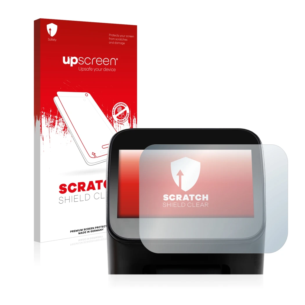 Parte frontal de un envase de producto con el logotipo de la marca upscreen. Al lado se muestra el dispositivo Shaper Origin G