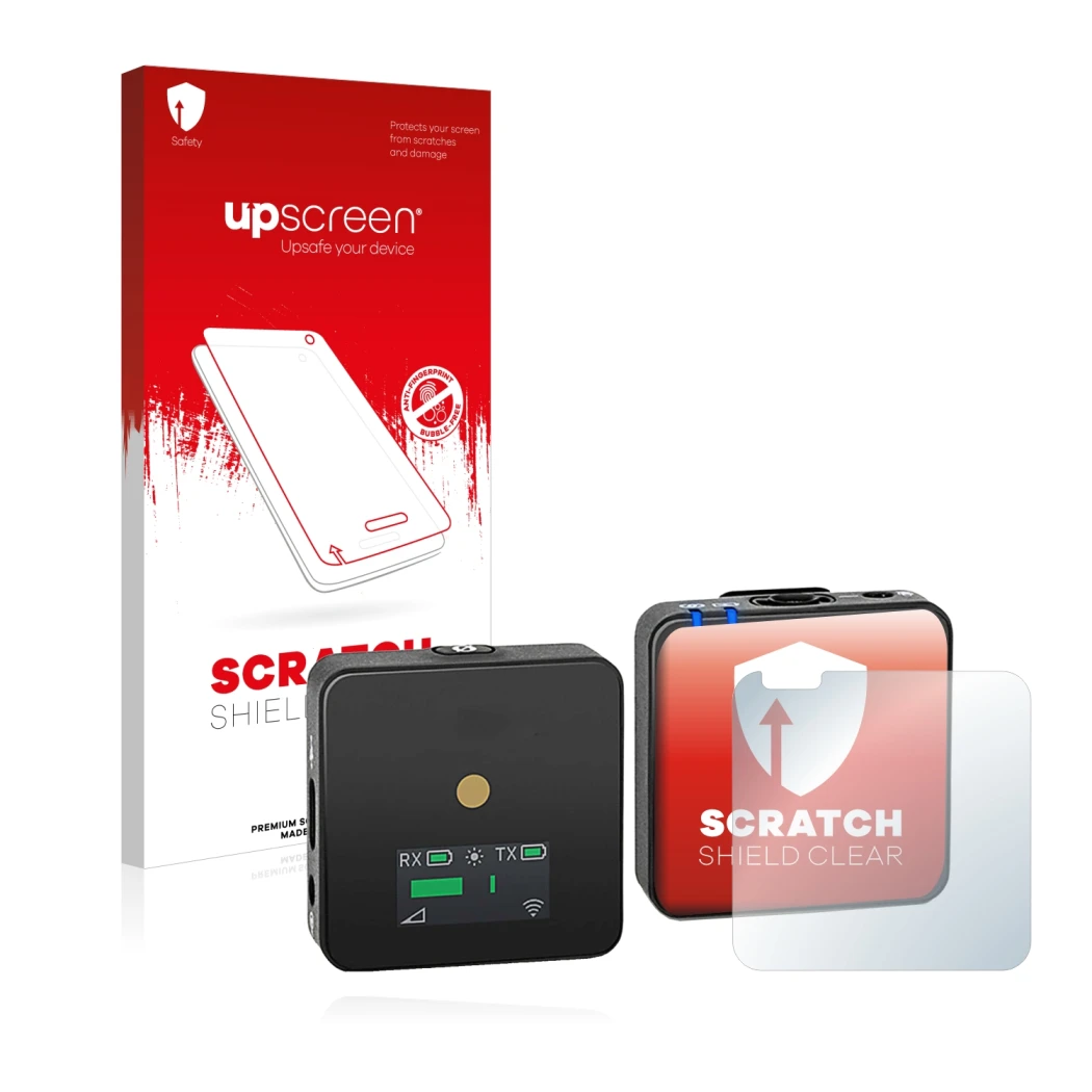 Parte frontal de un envase de producto con el logotipo de la marca upscreen. Al lado se muestra el dispositivo Rode Wireless G