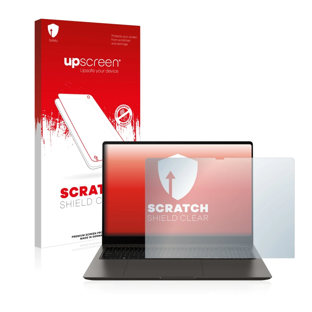 Parte frontal de un envase de producto con el logotipo de la marca upscreen. Al lado se muestra el dispositivo Samsung Galaxy 