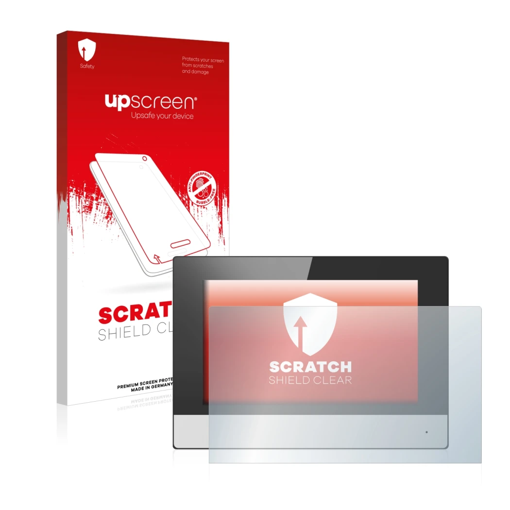 Parte frontal de un envase de producto con el logotipo de la marca upscreen. Al lado se muestra el dispositivo Hikvision DS-KH