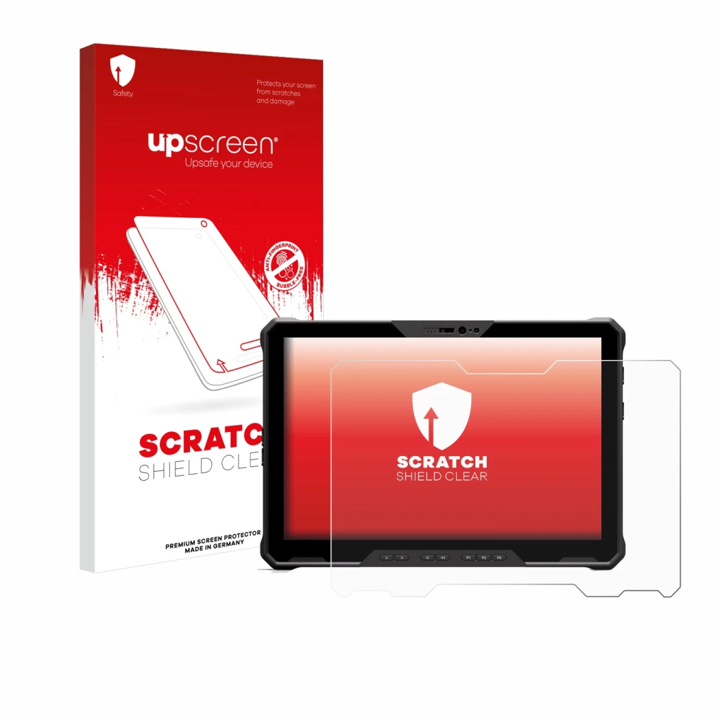 Parte frontal de un envase de producto con el logotipo de la marca upscreen. Al lado se muestra el dispositivo Dell Latitude 7