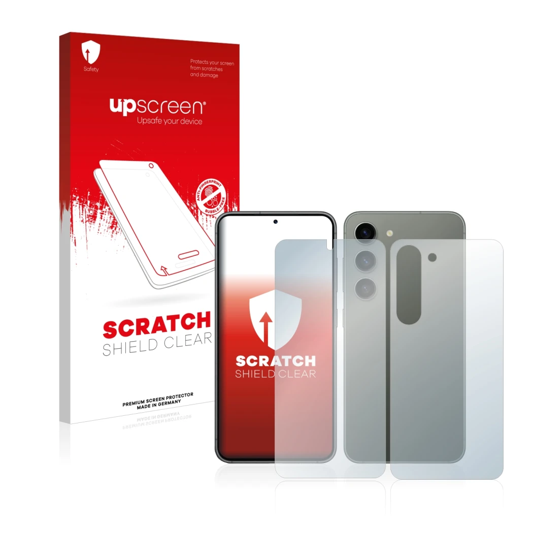 Parte frontal de un envase de producto con el logotipo de la marca upscreen. Al lado se muestra el dispositivo Samsung Galaxy