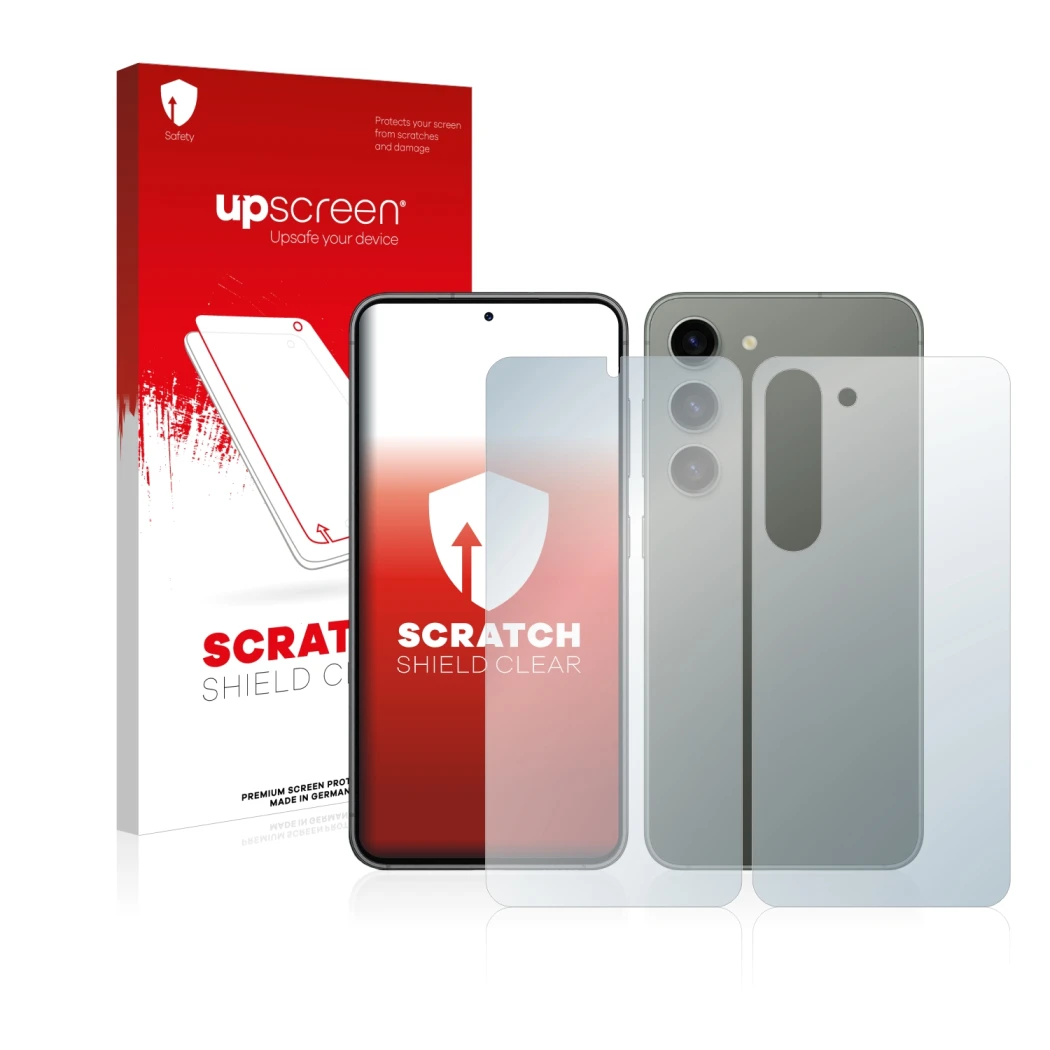 Parte frontal de un envase de producto con el logotipo de la marca upscreen. Al lado se muestra el dispositivo Samsung Galaxy