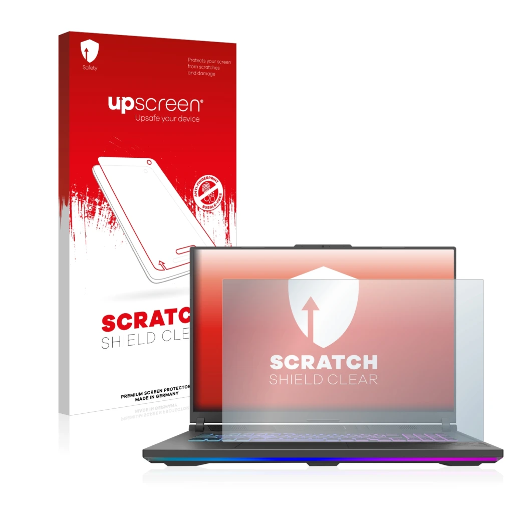 Parte frontal de un envase de producto con el logotipo de la marca upscreen. Al lado se muestra el dispositivo ASUS ROG Strix