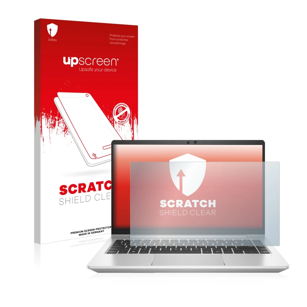 Parte frontal de un envase de producto con el logotipo de la marca upscreen. Al lado se muestra el dispositivo HP ProBook 445