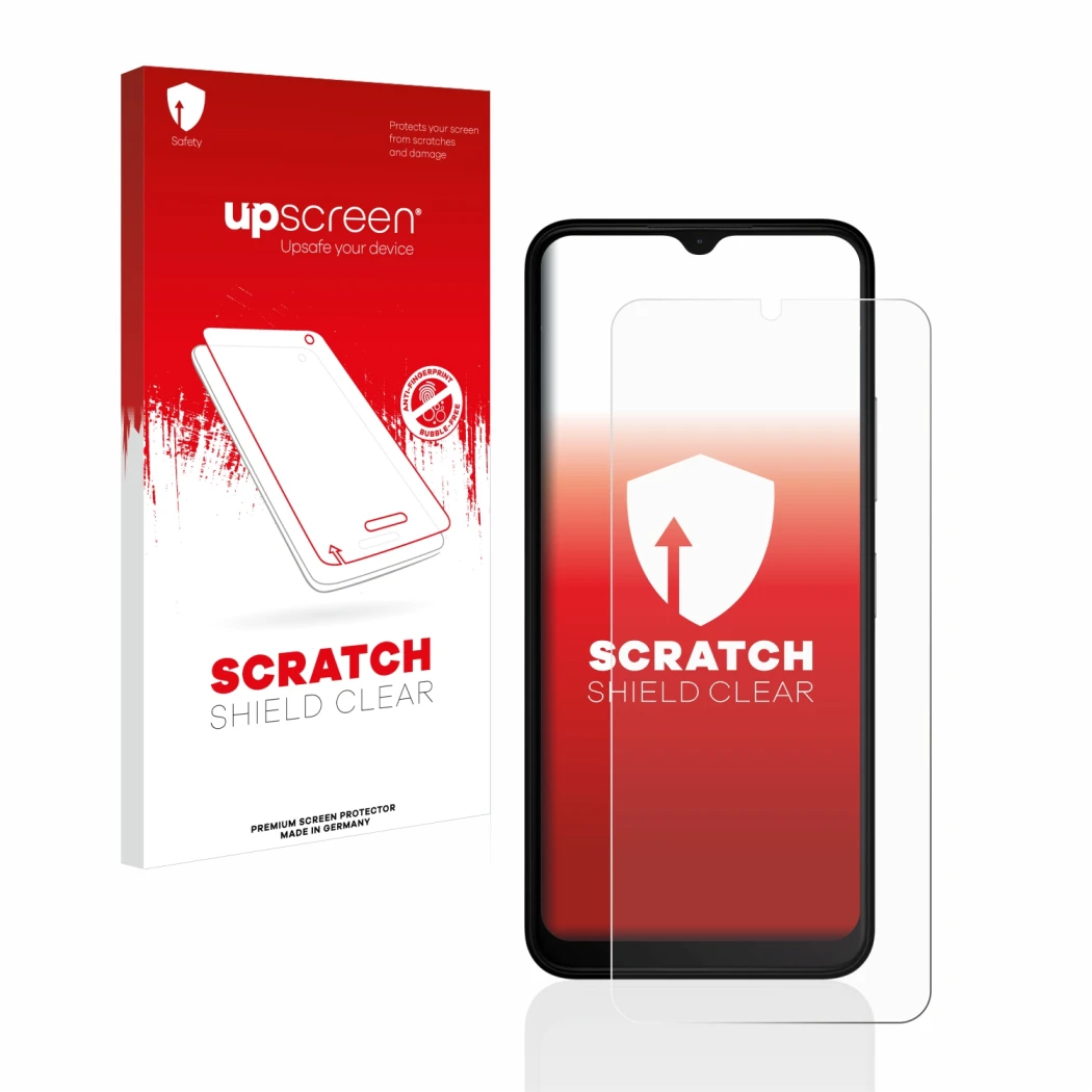 Parte frontal de un envase de producto con el logotipo de la marca upscreen. Al lado se muestra el dispositivo Nokia C32 con s