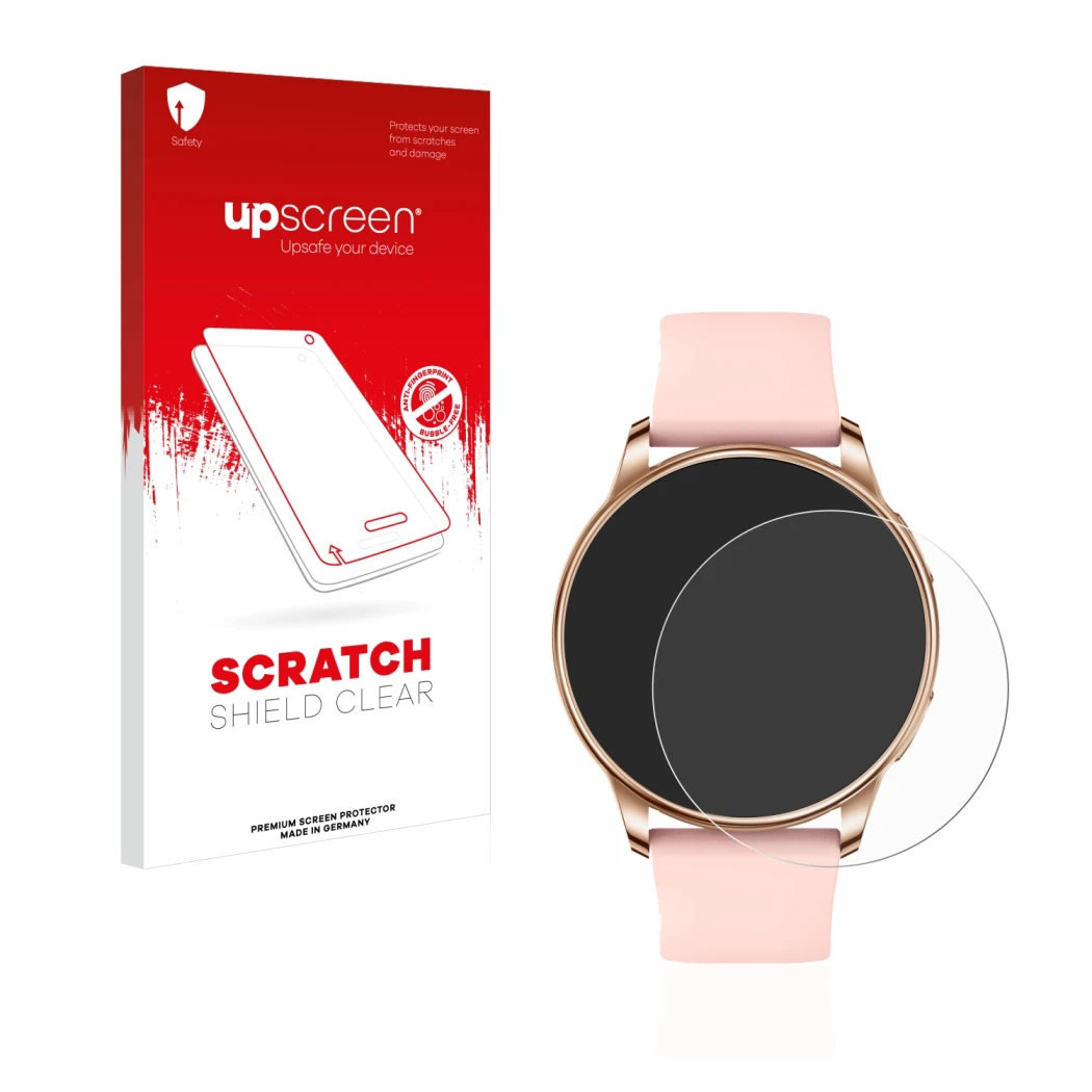 Parte frontal de un envase de producto con el logotipo de la marca upscreen. Al lado se muestra el dispositivo Levowatch F2 co