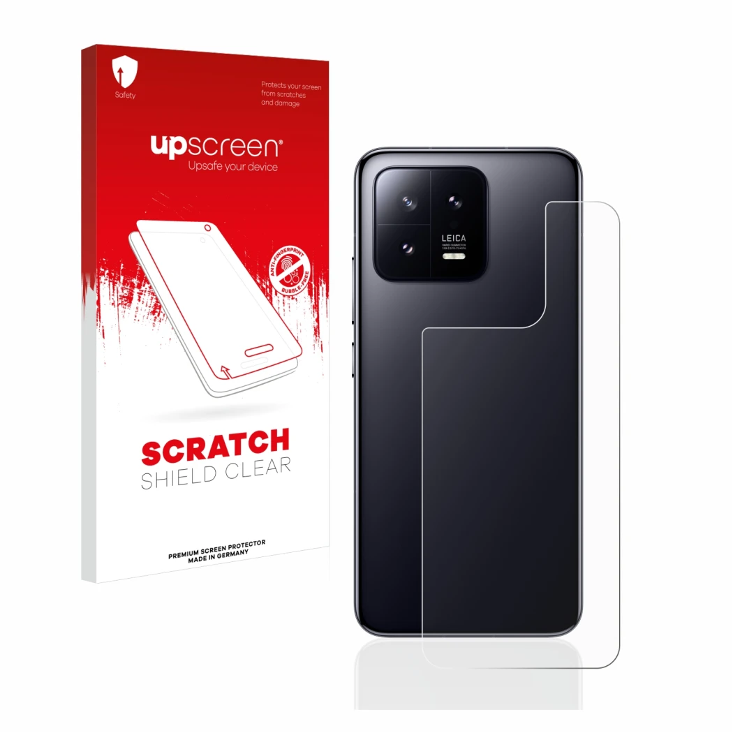 Parte frontal de un envase de producto con el logotipo de la marca upscreen. Al lado se muestra el dispositivo Xiaomi 13 (Tras