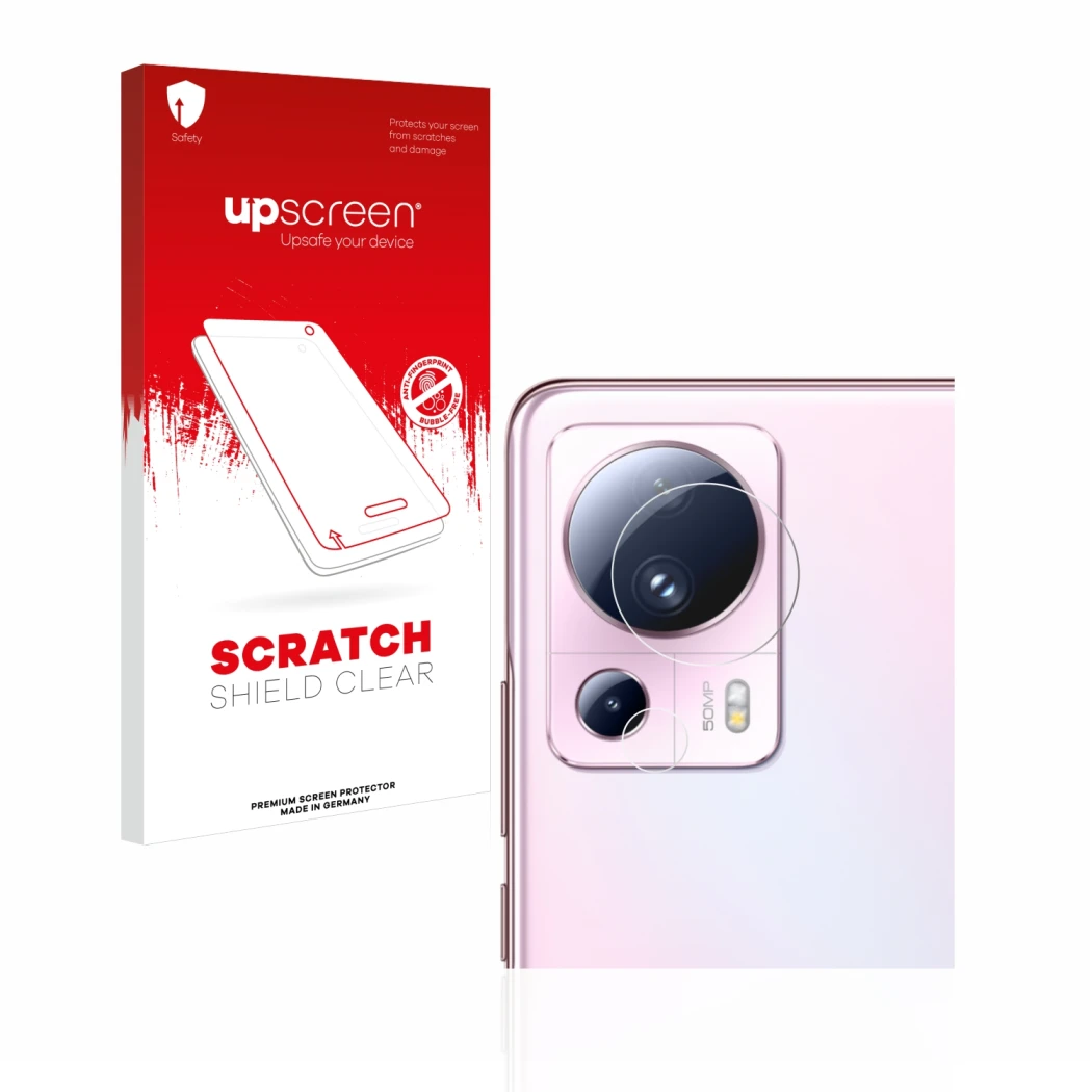 Parte frontal de un envase de producto con el logotipo de la marca upscreen. Al lado se muestra el dispositivo Xiaomi 13 Lite