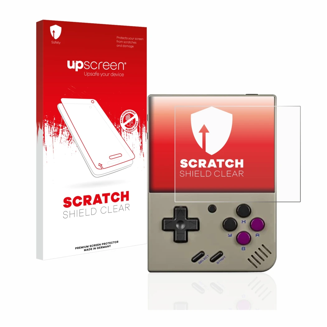 Parte frontal de un envase de producto con el logotipo de la marca upscreen. Al lado se muestra el dispositivo Miyoo Mini Plus