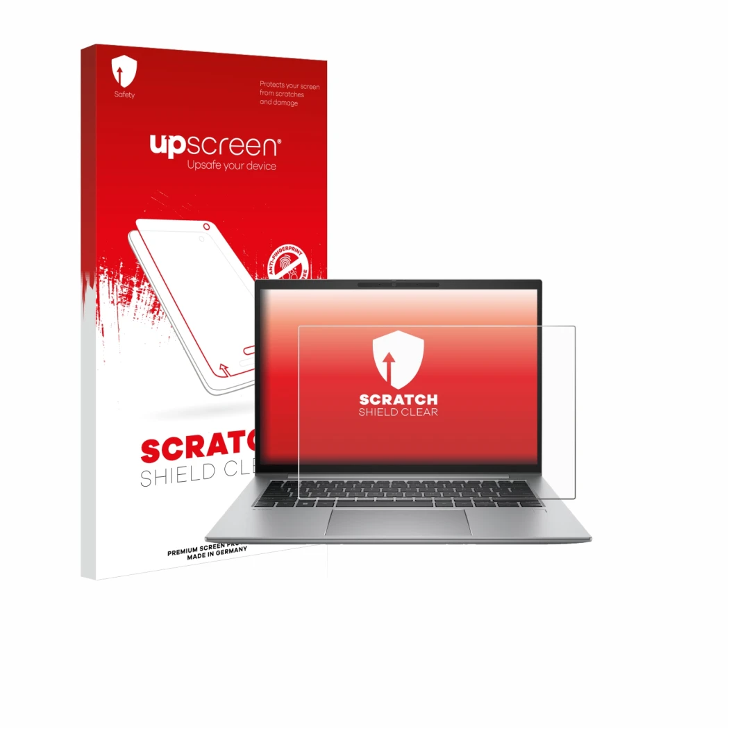 Parte frontal de un envase de producto con el logotipo de la marca upscreen. Al lado se muestra el dispositivo HP Zbook Firefl