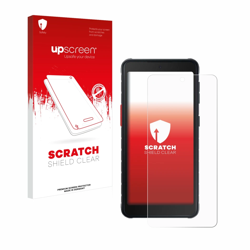 Parte frontal de un envase de producto con el logotipo de la marca upscreen. Al lado se muestra el dispositivo Samsung Galaxy 