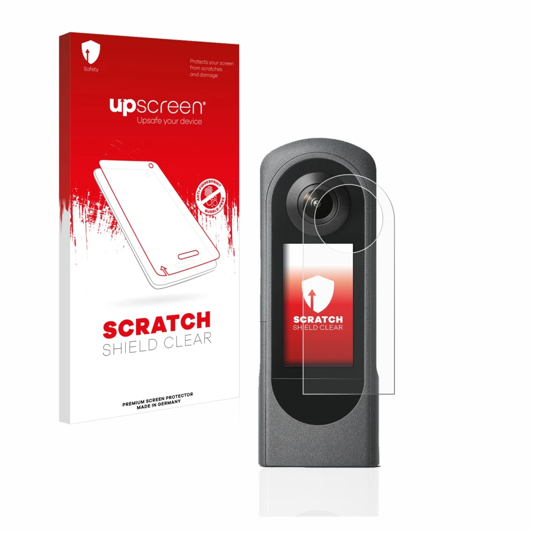 Parte frontal de un envase de producto con el logotipo de la marca upscreen. Al lado se muestra el dispositivo Ricoh Theta X c