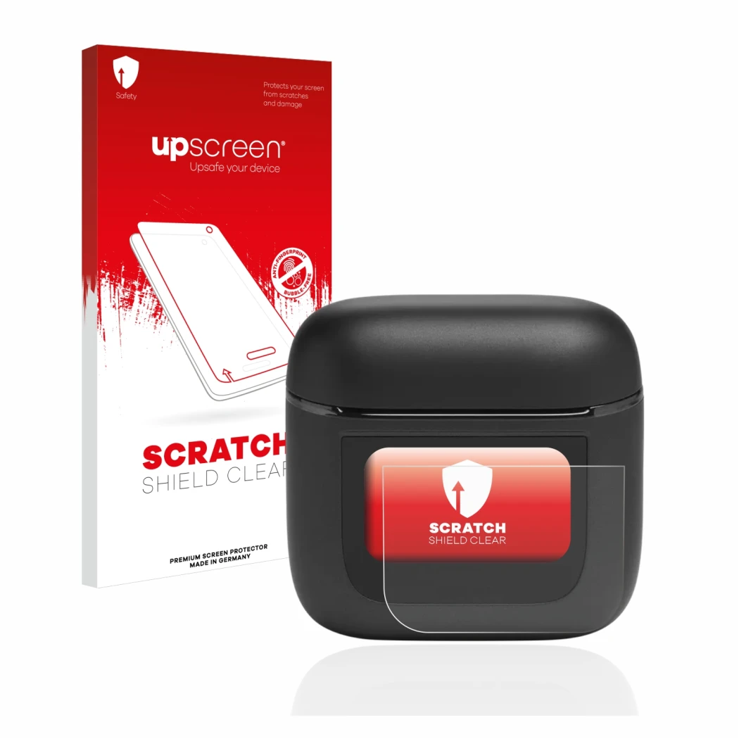 Parte frontal de un envase de producto con el logotipo de la marca upscreen. Al lado se muestra el dispositivo JBL Tour Pro 2