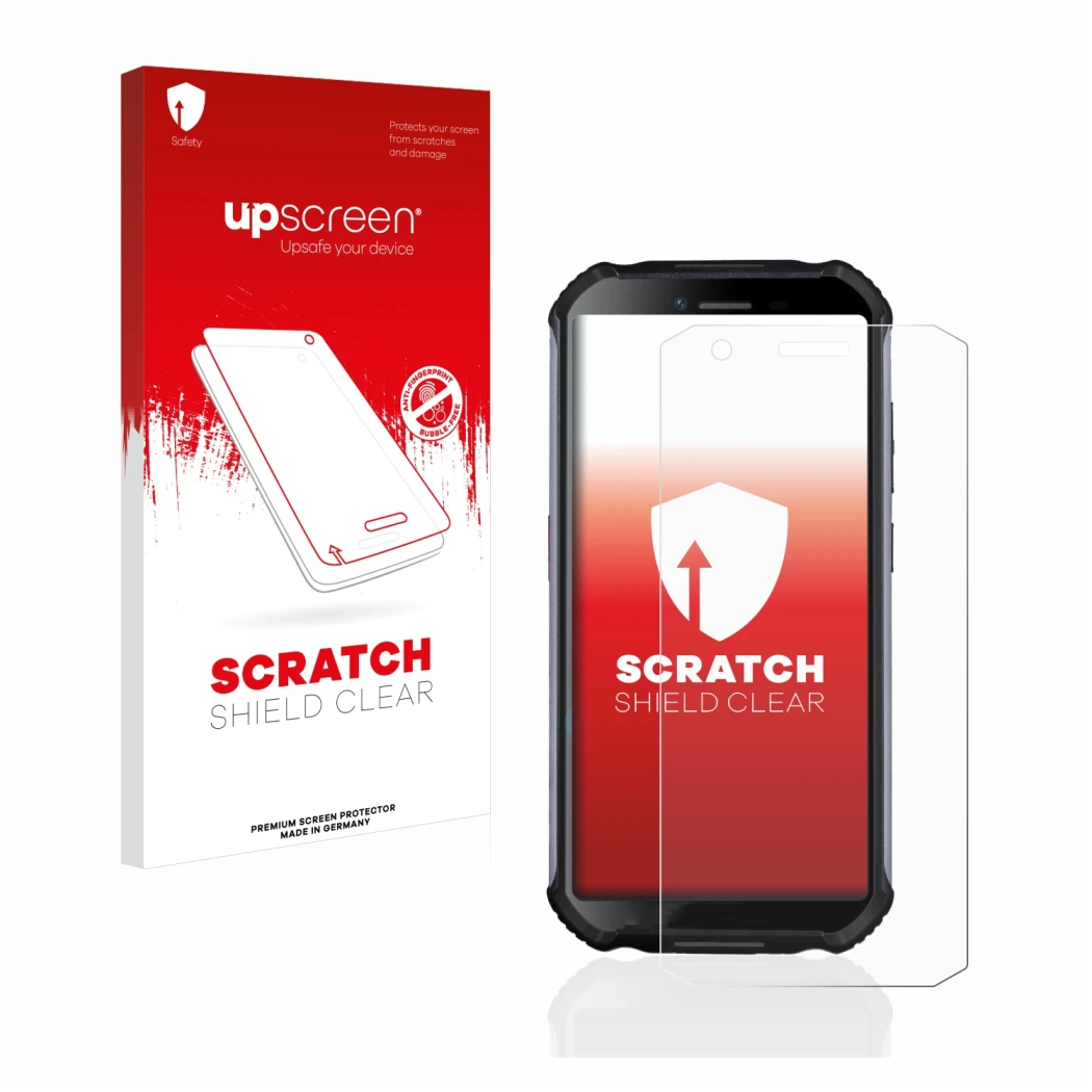 Parte frontal de un envase de producto con el logotipo de la marca upscreen. Al lado se muestra el dispositivo Doogee S41 con