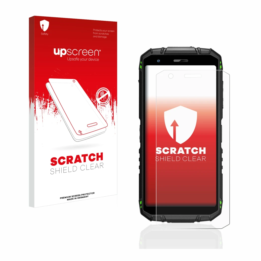 Parte frontal de un envase de producto con el logotipo de la marca upscreen. Al lado se muestra el dispositivo Doogee S41 Pro