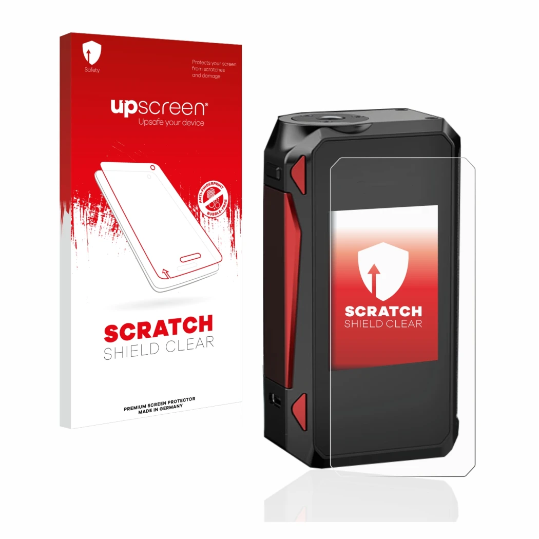 Parte frontal de un envase de producto con el logotipo de la marca upscreen. Al lado se muestra el dispositivo Smok G-Priv 4 c