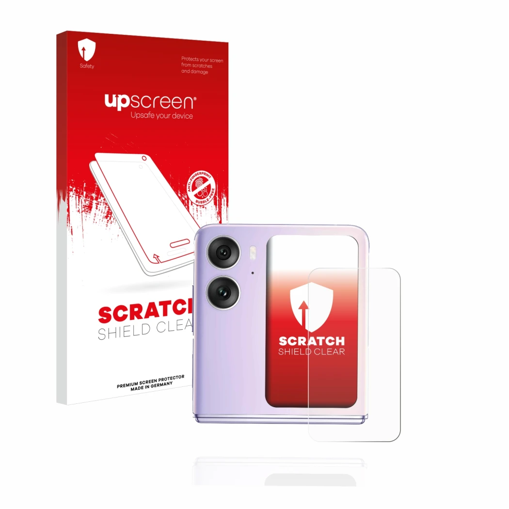 Parte frontal de un envase de producto con el logotipo de la marca upscreen. Al lado se muestra el dispositivo Oppo Find N2 Fl