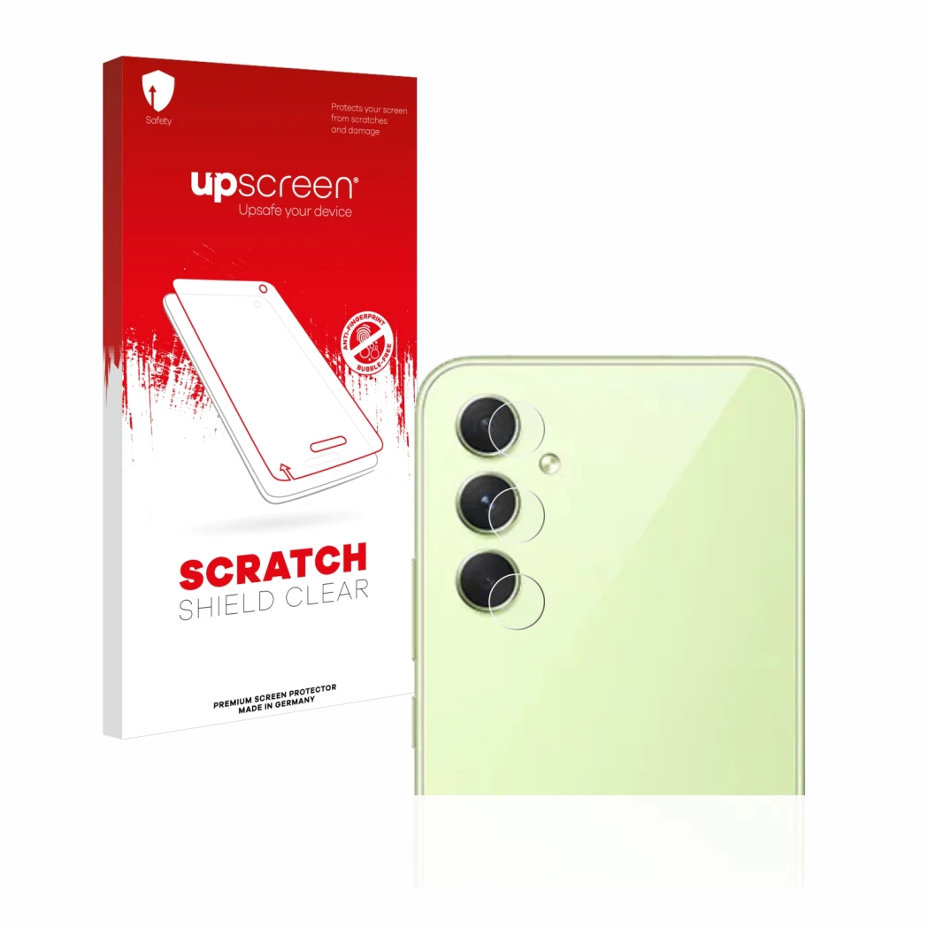 Parte frontal de un envase de producto con el logotipo de la marca upscreen. Al lado se muestra el dispositivo Samsung Galaxy 